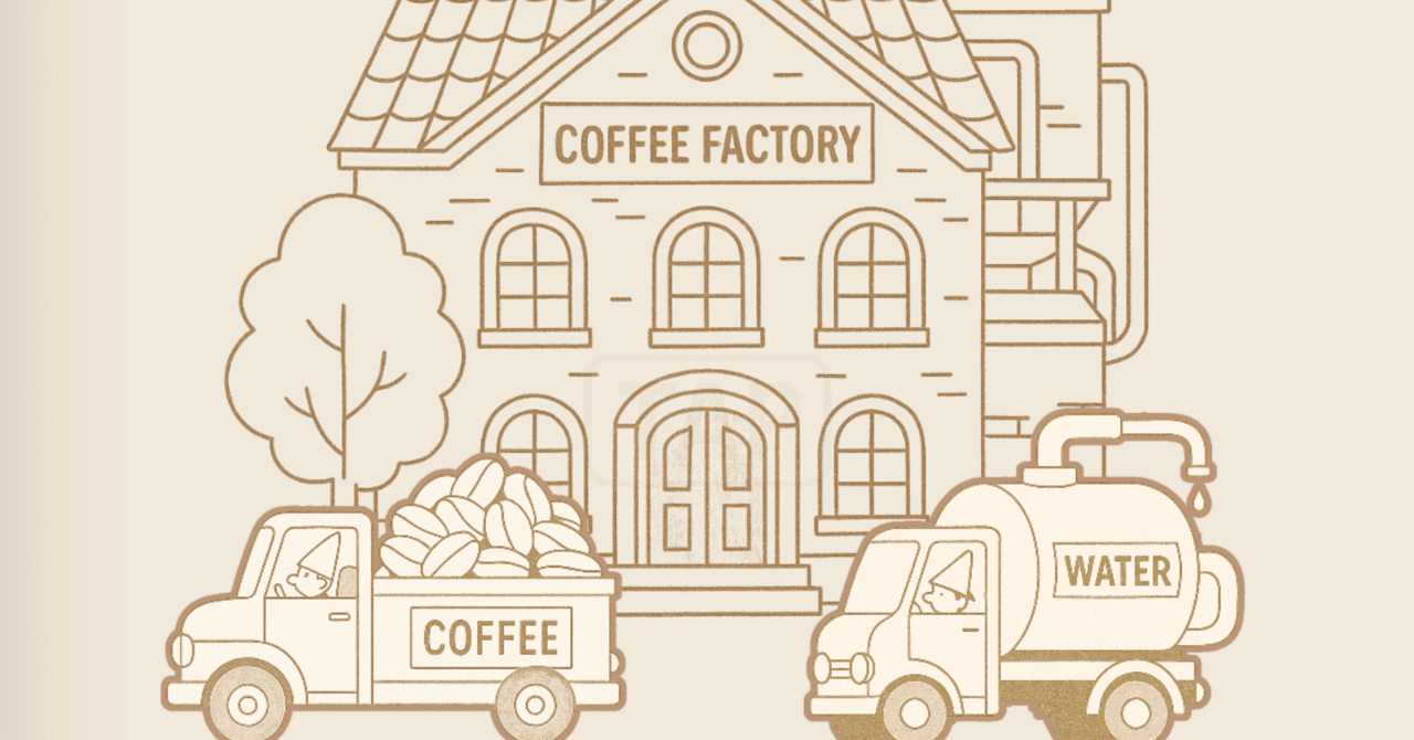 CoffeeFactoryの工場とコーヒー豆・水を運ぶトラック