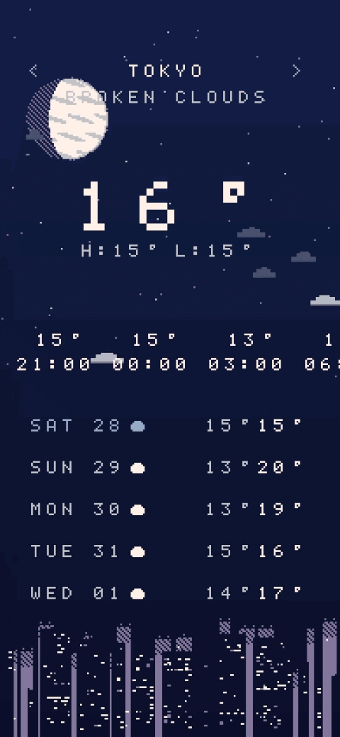 ドット絵の空と街並みが動くDotWeatherの画面