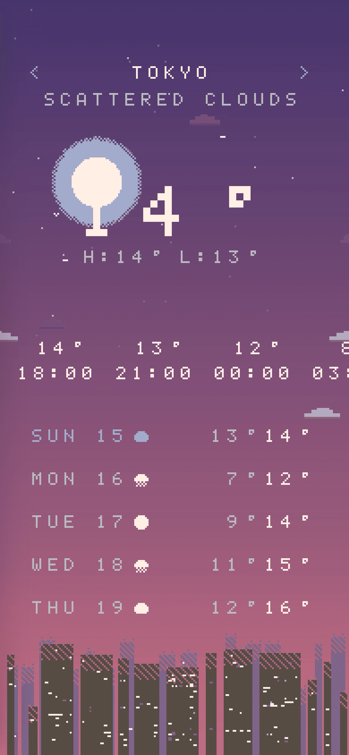 紫色の空と気温4度を表示するDotWeatherの画面