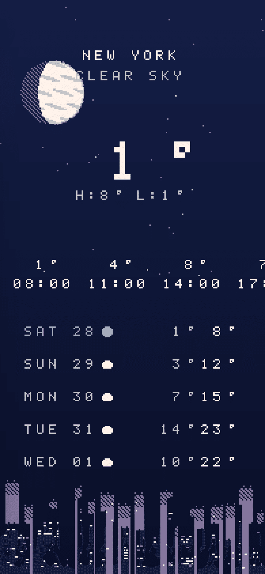 月の出た夜空と気温1度を表示するDotWeatherの画面