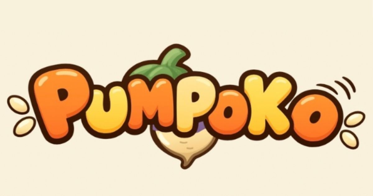 かぼちゃ色の文字とルタバガが描かれたPUMPOKOのロゴ